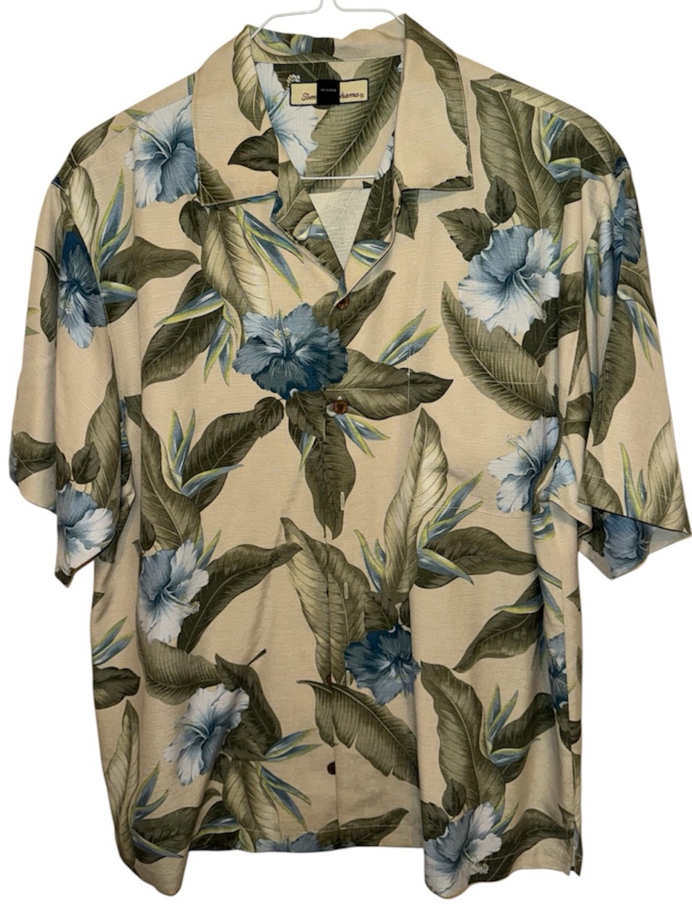 Tommy Bahama Beige Hawaiian Silk Shirt with Blue & Green Floral Print M